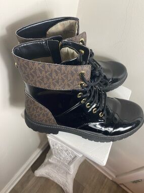Michael Kors Patent Lace-Up Ankle Boots in Black with Brown Monogram Accent
